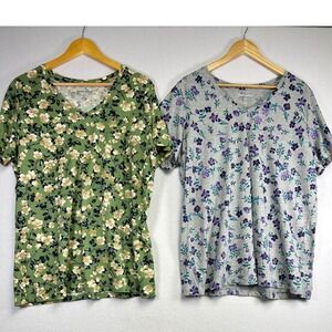 Woman Within Floral Print Short Sleeve T Shirt Lot Top Green Beige Flowers 18/20